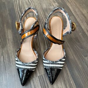 Coach Multi Mixed Pattern Patent Animal Print Raffia Ankle Strap Pointy Heels